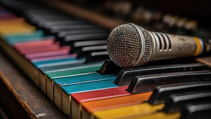 Colorful piano keys, vintage microphone resting on top