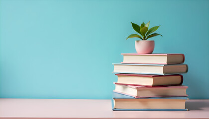Stack of books with a small plant on top against a light blue background on a pink table