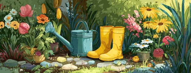 A vibrant garden scene with colorful flowers, a watering can, and yellow rain boots