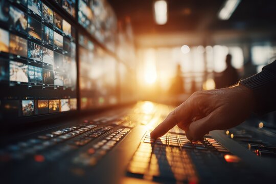 A broadcast professional operates a video switcher panel, surrounded by monitors displaying multiple feeds, controlling the live stream and ensuring high-quality content.