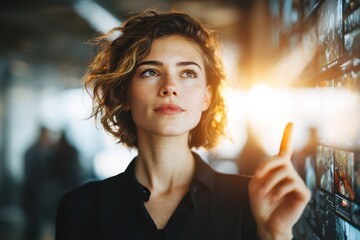 A focused young woman interacts with a digital display, leveraging technology to explore new possibilities and innovations in a modern, bright environment.