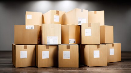 Fototapeta premium Stacked cardboard boxes in a modern warehouse setting, showcasing various sizes and shapes, with a soft focus background creating a professional atmosphere for shipping and logistics concepts