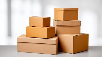 Fototapeta premium Stacked cardboard boxes of various sizes arranged on a smooth surface, showcasing different shapes and textures, ideal for packaging, shipping, or storage solutions in a modern environment