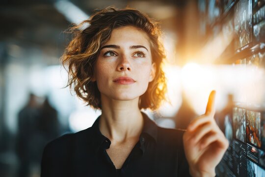 A focused young woman interacts with a digital display, leveraging technology to explore new possibilities and innovations in a modern, bright environment.