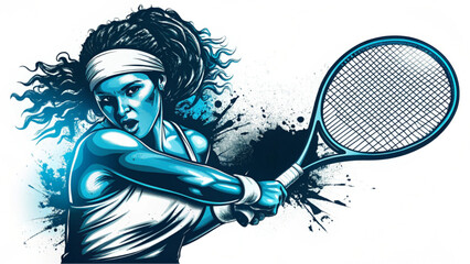US OPEN TENNIS 2025 A stylized illustration of a female tennis player with racket in a dynamic pose on white background silhouette