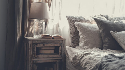 Cozy bedroom corner with a neatly made bed and nightstand, filled with soft morning sunlight.