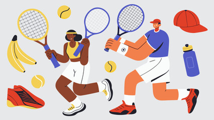 US OPEN TENNIS 2025  Illustration of tennis players with rackets, tennis balls, bananas, shoes, water bottle and cap on a grey background silhouette