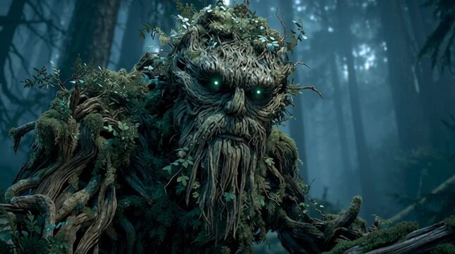Cinematic shot of Leshy, the Slavic forest spirit, rising from the earth with glowing green eyes in a misty primeval forest.