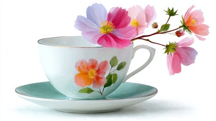 Elegant porcelain teacup adorned with floral designs, resting on a matching saucer, featuring delicate blossoms emerging from the cup, creating a charming and serene tea time atmosphere