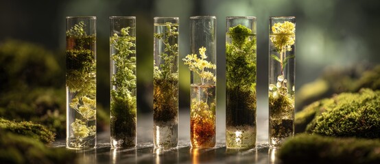 Small plants in test tubes on a surface