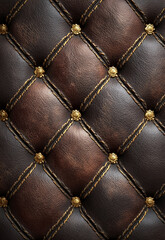 Naklejka premium Elegant Brown Leather Upholstery with Decorative Stitching and Gold Studs in a Patterned Design