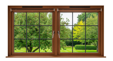Fototapeta premium Isolated Brown Wood Window with Grille and Green Summer Garden View