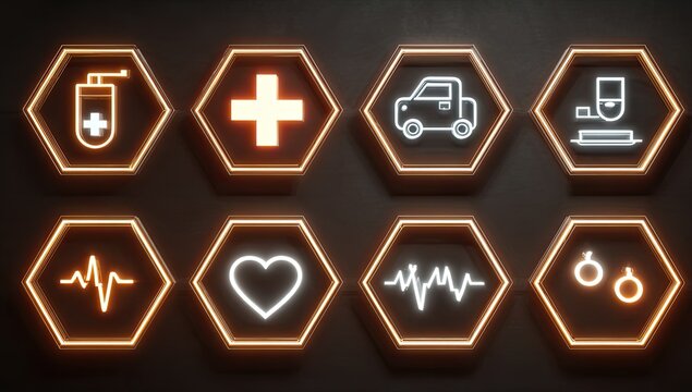 Neon-lit hexagonal icons depicting healthcare and transportation