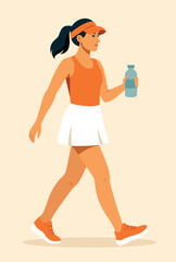 Woman in tennis skirt and tank top holding bottle of water. Everyday activity scene, walk, sport and health. Bright and stylish vector illustration for fitness and lifestyle theme