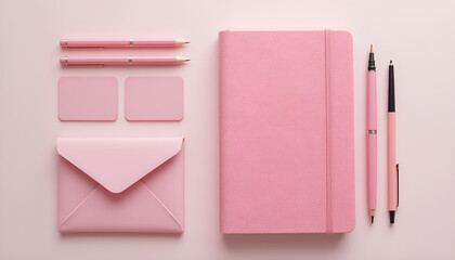 Flat lay of pink stationary set including notebook, pens, pencils, and envelope on pink background