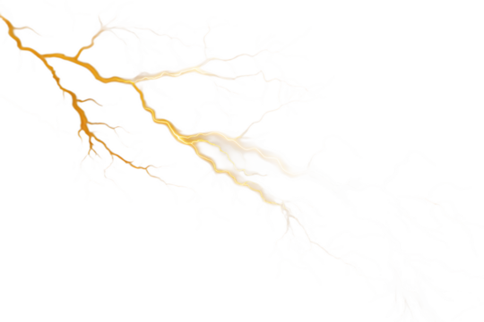 Diagonal Yellow White Lightning Strike with Fine Branches on thunder storm isolated on a transparent background