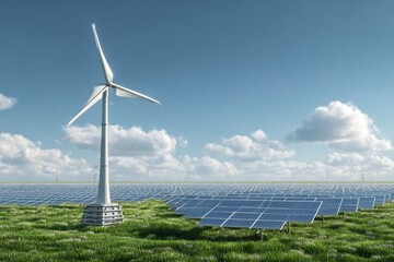 Wind turbine and solar panels in a grassy field