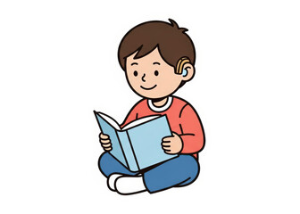 Young Boy with a Hearing Aid Sitting Cross Legged Reading a Book on a White Background Illustration