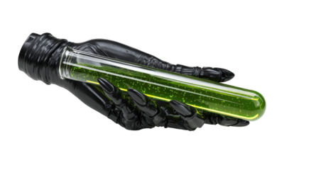 A black robotic hand holds a test tube filled with a greenish liquid