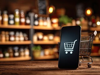 Smartphone with shopping cart icon, grocery store background