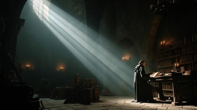 Cinematic wide shot of a dark medieval scriptorium, illuminated by candlelight, atmospheric and mysterious