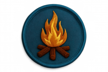 Close-up of a circular embroidered patch depicting a burning campfire, isolated on a transparent background, ideal for outdoor and adventure-themed projects