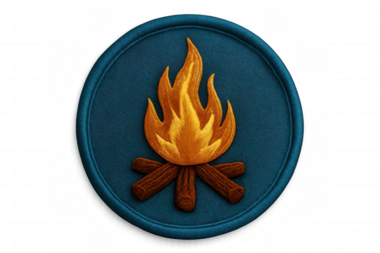 Close-up of a circular embroidered patch depicting a burning campfire, isolated on a transparent background, ideal for outdoor and adventure-themed projects