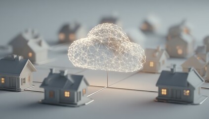 Abstract cloud computing concept.  Many small houses connected