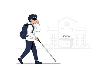 Visually Impaired Young Student with White Cane and Backpack Walking to School Illustration