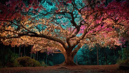 Colorful tree, night lights, vibrant