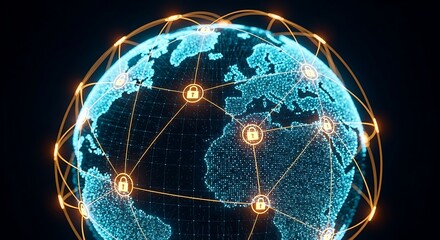 A digital globe with interconnected networks and security locks, symbolizing global communication, cybersecurity, and data protection in the modern world