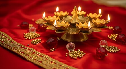 Naklejka premium Lotus Diya with Red Cloth and Beads