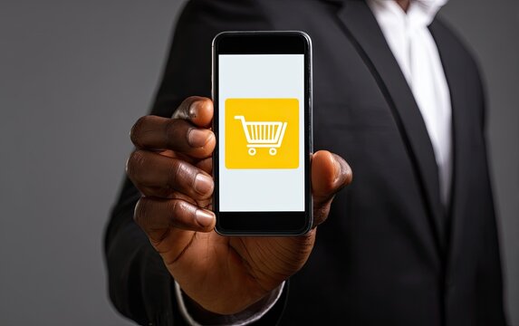 Person in suit holding phone with shopping cart icon - Powered by Adobe