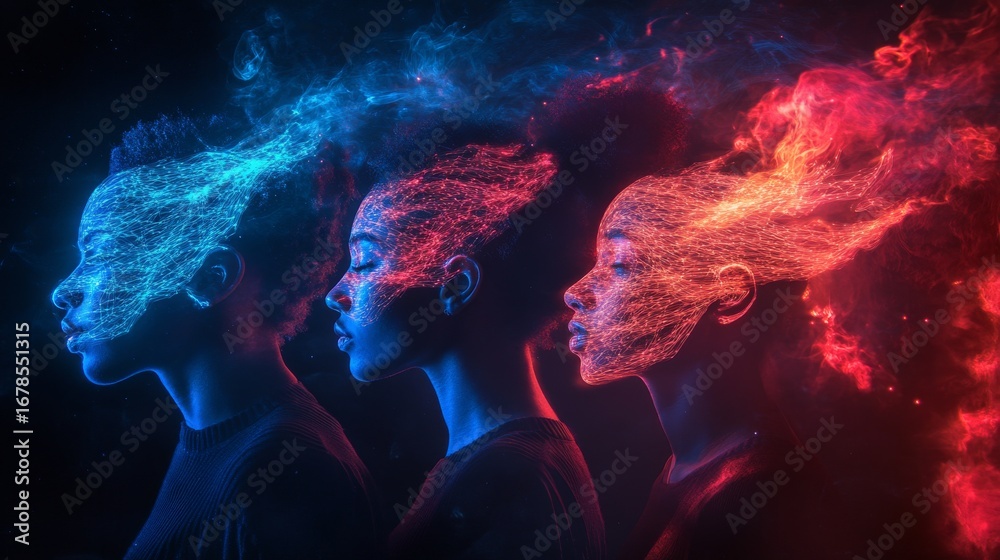 Wall mural a stunning visual of three profiles intertwining with vibrant colors. the blend of blue and red crea