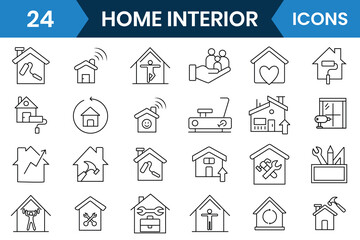 Home interior icon set collection. Interior Related Outline icon set. Contains Icons of Workplace. Linear icon collection. Vector illustration.
