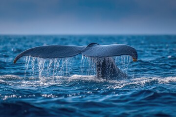 Naklejka premium Whale tail emerges from deep blue ocean