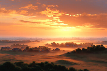 Obraz premium A mesmerizing sunrise casting a golden glow over a misty landscape, creating a tranquil and serene scene. The silhouette of trees against the horizon adds depth and beauty