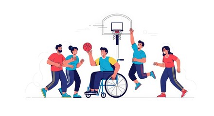 Man in Wheelchair Playing Basketball with a Diverse Group of Happy Friends in a Colorful Flat Vector Illustration