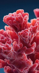 Close-up of vibrant red coral branches.  Intricate, textured, and detailed structure.  Deep blue background