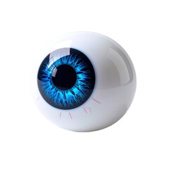 A vibrant, digitally rendered blue iris within a white eye, featuring detailed vein patterns and a glossy, reflective surface, isolated on a transparent background. Perfect for Halloween decoration.