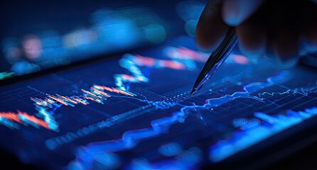 Close-up of hand analyzing stock charts on a tablet