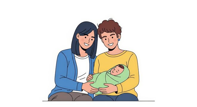 Young Modern Family with New Parents Smiling and Cradling a Sleeping Newborn Infant on a White Background