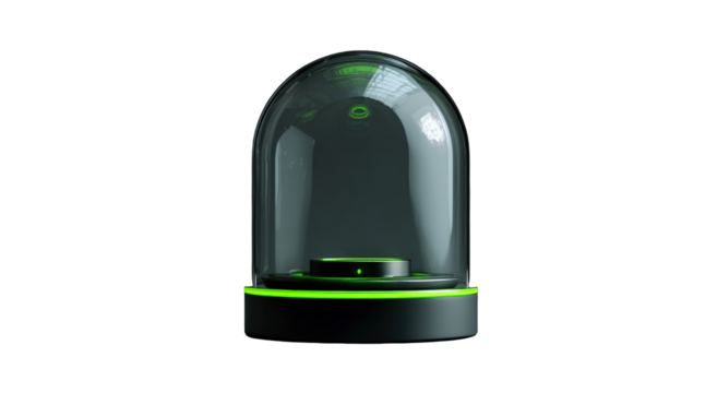 Transparent dome over a black object with glowing green accents