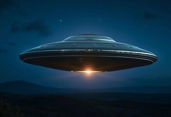 Obraz premium Metallic silver saucer-shaped UFO hovering silently over a nighttime landscape, unidentified aerial phenomena, environment