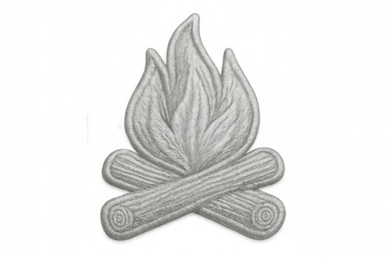 Glowing embroidered bonfire patch with transparent background, enhancing outdoor and camping design elements