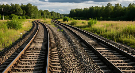 Fototapeta premium A detailed close-up of a section of curved rail, where a switch-point splits the track, highlighting the intricate engineering.