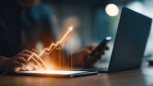 Businessperson using tablet, rising chart overlay