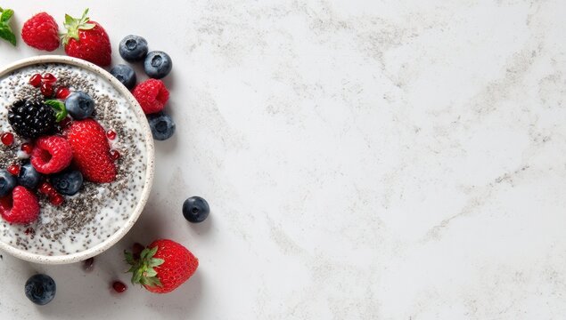 Healthy bowl of chia pudding topped with berries and pomegranate seeds on white marble