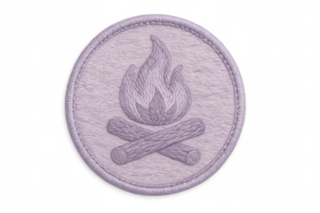 Purple embroidered patch displaying burning campfire, isolated on transparent background, highlighting outdoor adventure design element