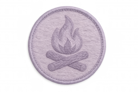 Purple embroidered patch displaying burning campfire, isolated on transparent background, highlighting outdoor adventure design element